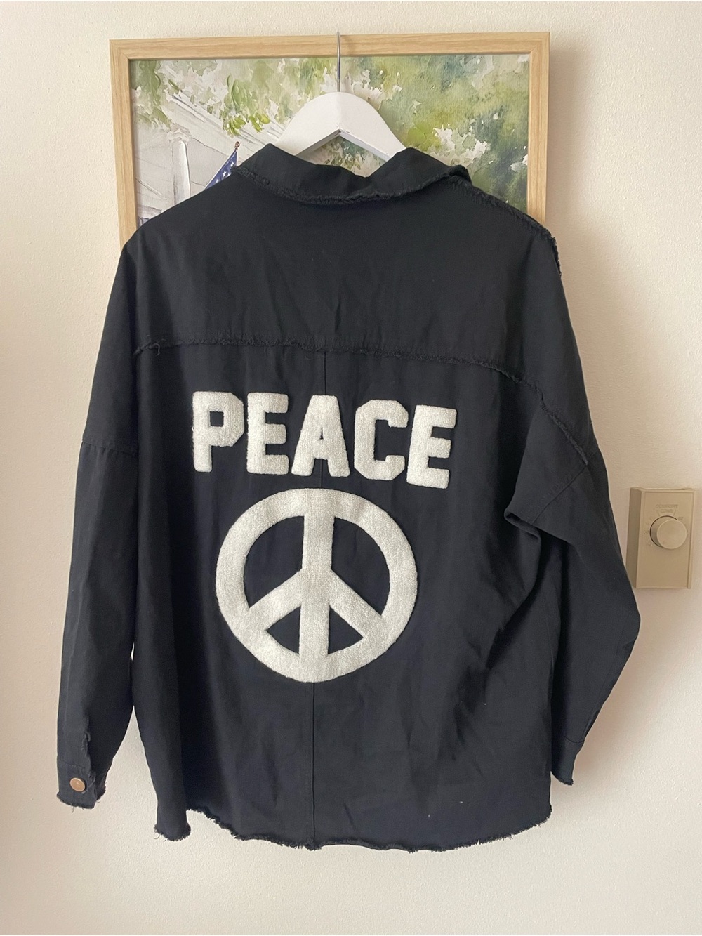 Davi & Dani Peace Sign Patch Distressed Shacket Black Oversized Jacket Large
